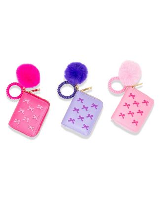 3D Bow Pom Pom Zip Wallet, Pink