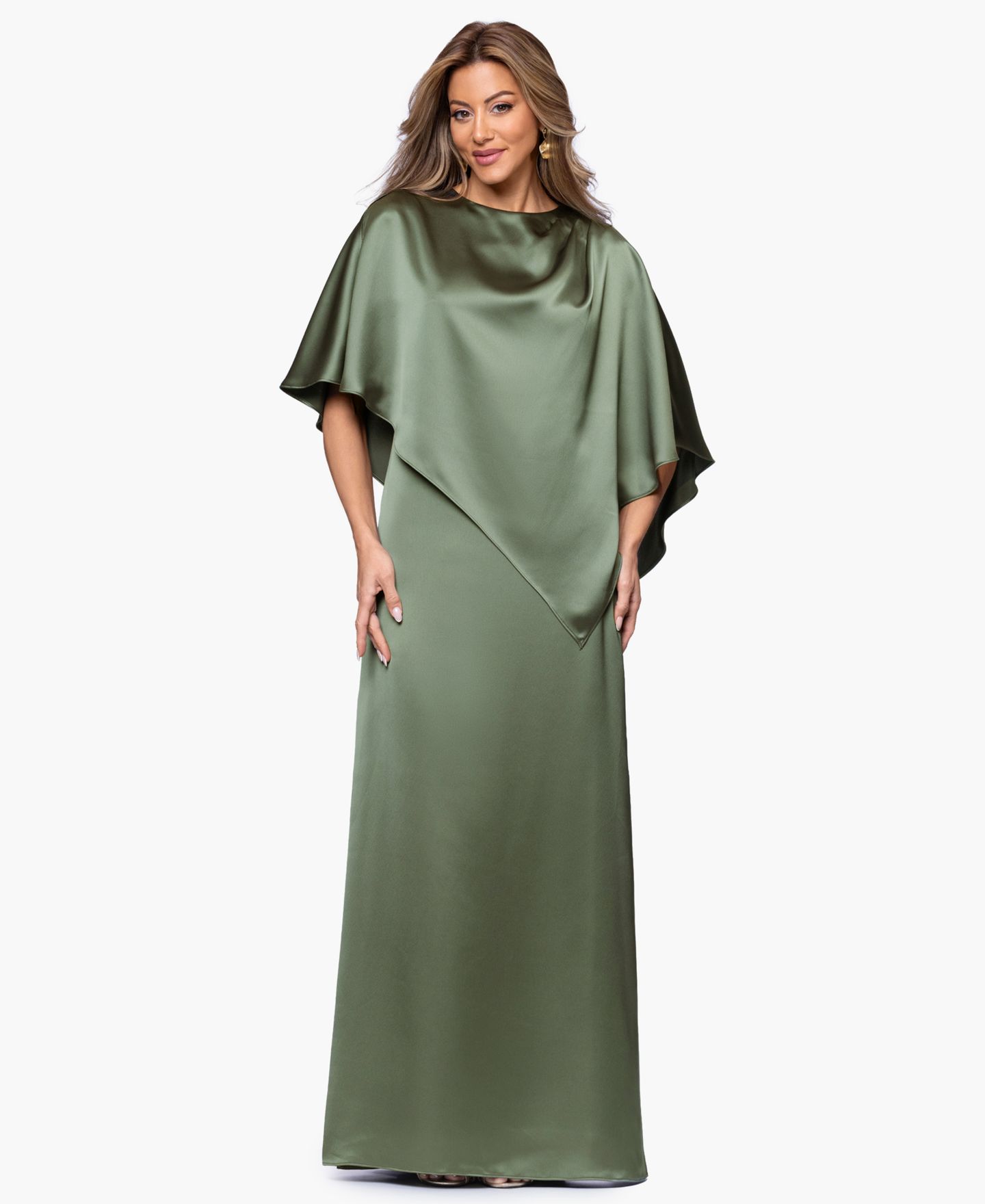 Женские платья XSCAPE Long Satin Overlay Ball Gown, цвет: Оливковый — фото 1
