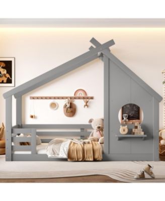 House Floor Bed with Window and Shelf, Solid Wood