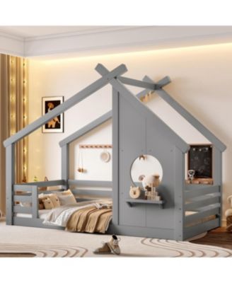 House Floor Bed with Window and Shelf, Solid Wood