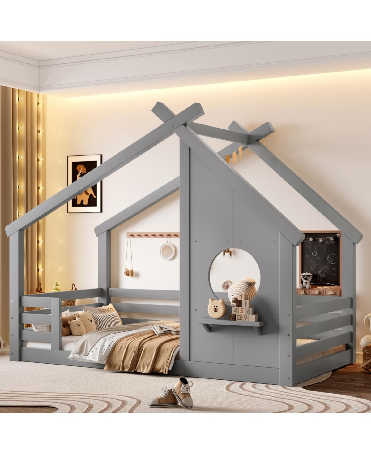 Streamdale Furniture House Floor Bed with Window and Shelf, Solid Wood - Grey