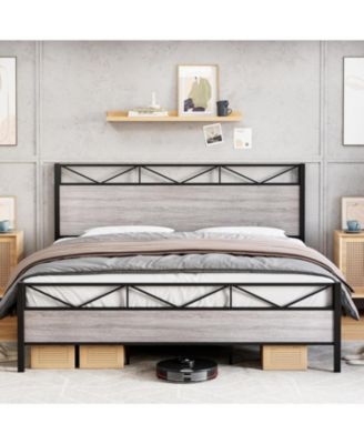 King Size Bed Frame with Rustic Wood Headboard and Footboard, Heavy Duty Metal Platform Bed Frame with Steel Slat Support