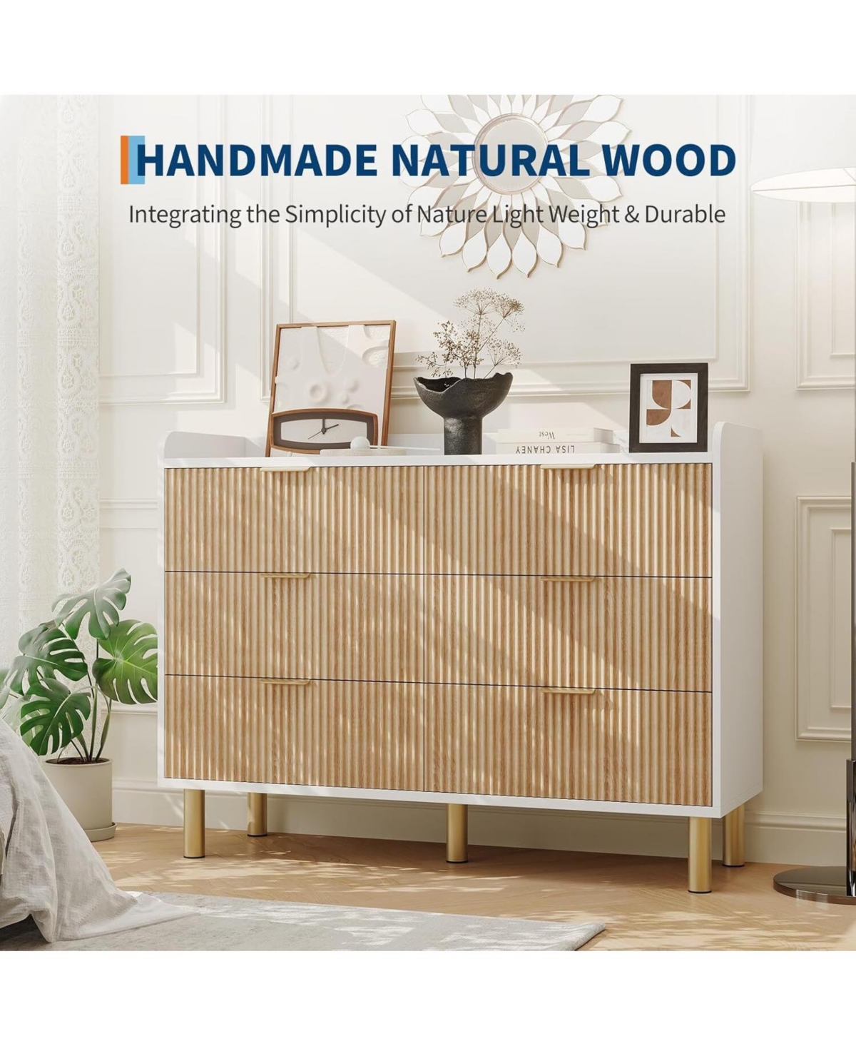 gaomon 47" Fluted Double Dresser for Bedroom, Curved Wooden Chest with Metal Handles & Wide Storage