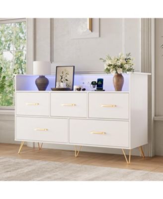 5-Drawer Dresser for Bedroom with LED Lights & Charging Station, 47" Wide Wooden Storage Chest