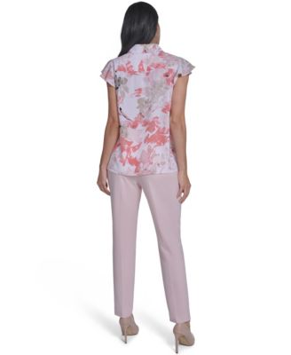 Women's Printed Cap-Sleeve Ruffle Front Top