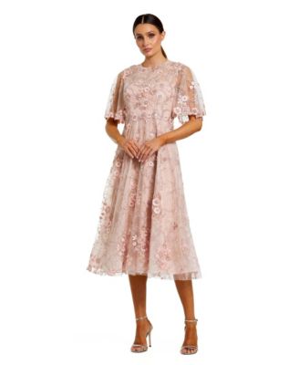 Women's Flutter Sleeve Embroidered Midi Dress