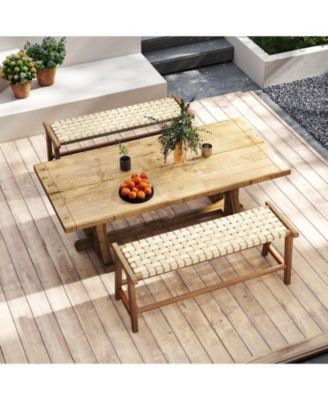 47" Teak Wood Patio Bench with Woven Seat and Solid Legs