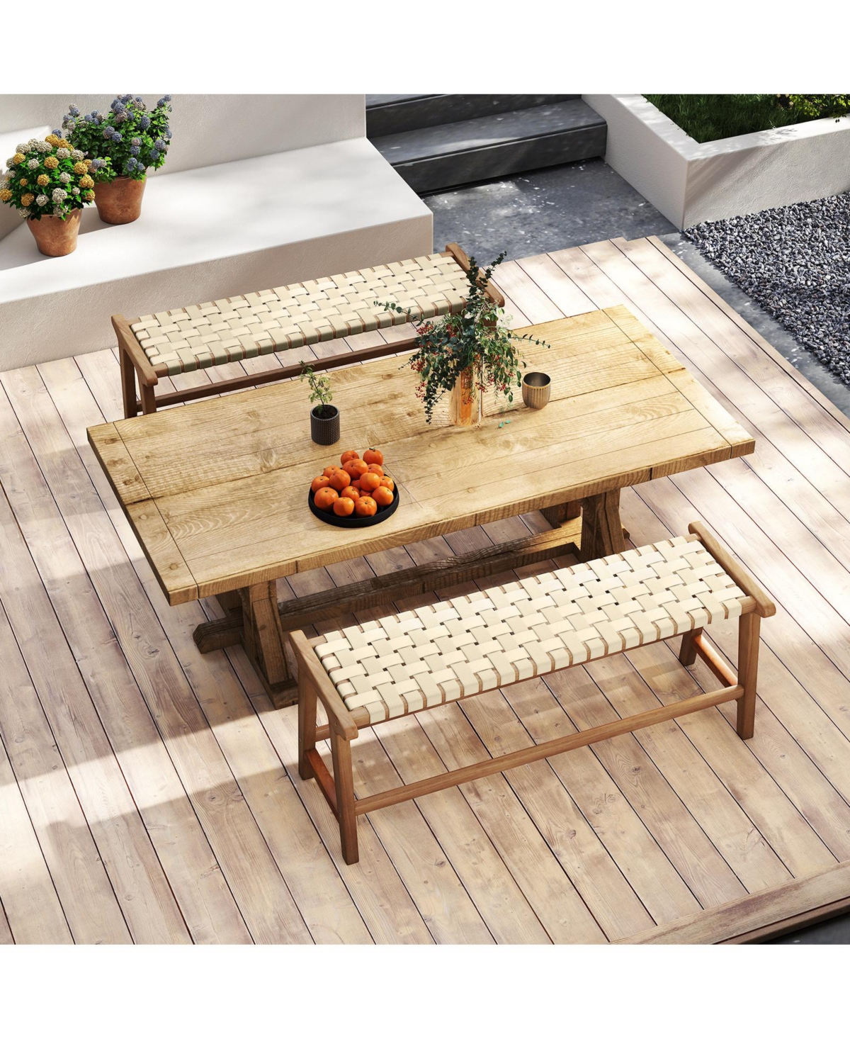 Slickblue 47" Teak Wood Patio Bench with Woven Seat and Solid Legs