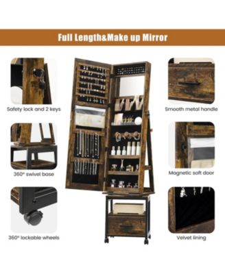 360° Swivel Jewelry Armoire with Storage Shelf and Drawer, 66" Full-Length Mirror Cabinet on Wheels