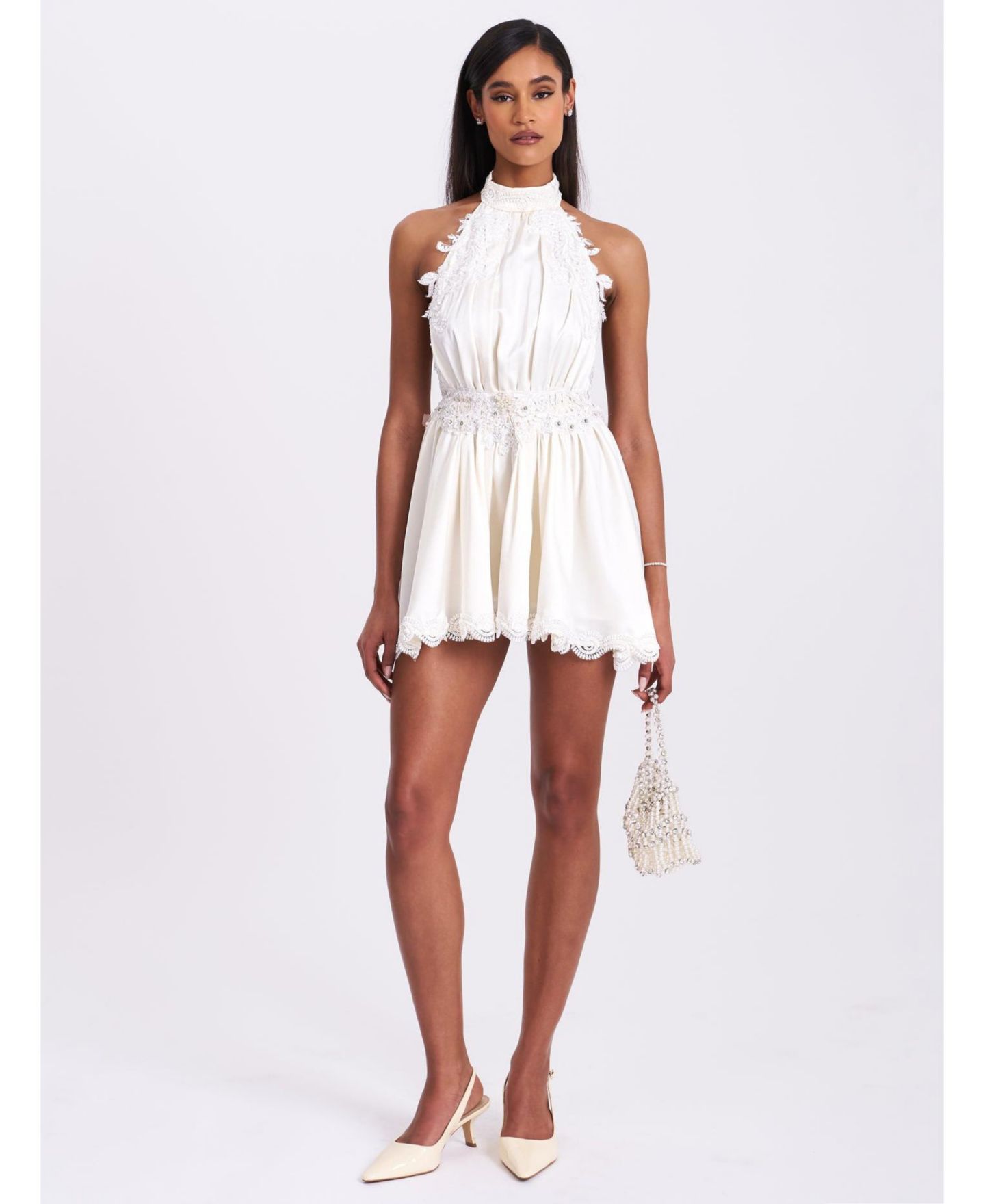 Женское платье Miss Circle Idalia Beaded Lace Trim Backless Halter Mini, цвет: Белый — фото 7