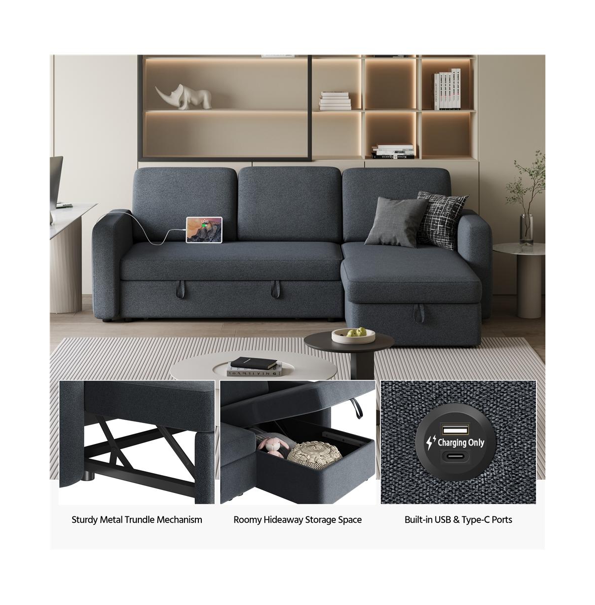 L-Shaped Reversible Sleeper Sectional Sofa with Chaise & Usb & Type-c Ports