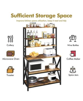 64.5"H 6-Tier Metal & Particleboard Wine Rack, 10 Hooks, Power Outlets, Adjustable Feet Rustic Baker s Rack