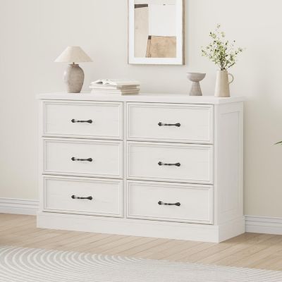  6-Drawer Horizontal Dresser, American Style Antique White MDF Chest of Drawers