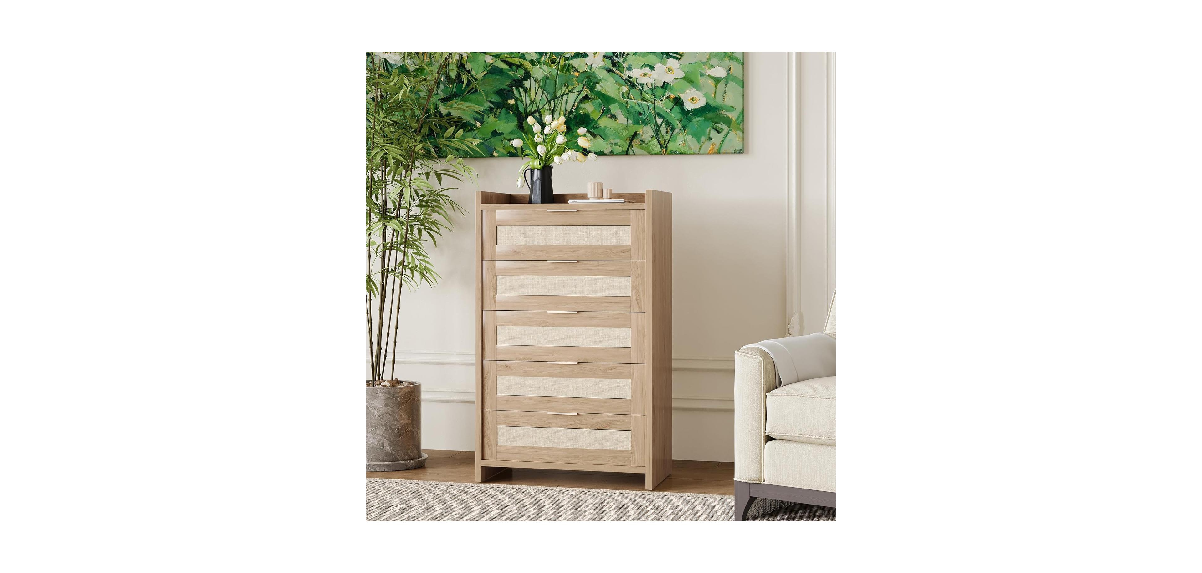gaomon Rattan 5-Drawer Dresser for Bedroom, Boho Wooden Chest of Drawers with Large Storage