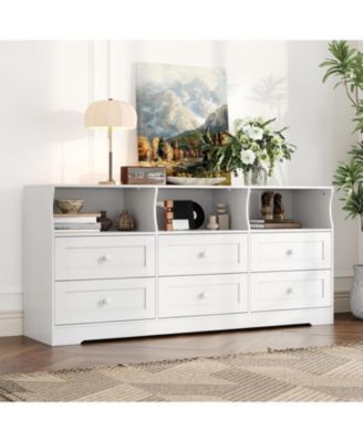 6-Drawer Slim Dresser for Bedroom, Wooden Chest with Power Outlets, LED Light & Open Shelf