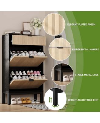 Shoe Storage Cabinet with 2 Flip Drawers,Entrance Wooden Shoe Rack with Iron Legs,Farmhouse Fluted Shoe Organizer for Entryway,Hallway,Foyer,Black+Oak