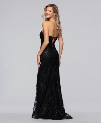 Juniors' Long Glitter Strapless Corset Fit & Flare Ball Gown