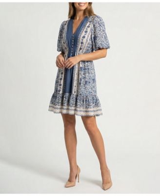Women's Petite Puff-Sleeve Ruffled-Hem Dress