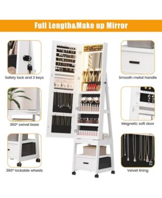 360° Swivel Jewelry Cabinet with LED Lights, Full-Length Mirror and Jewelry Storage, White
