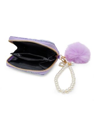Girls Mermaid Tail Wallet with Pom-Pom & Pearl Strap, Purple