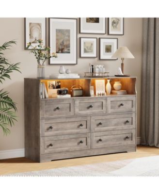 7-Drawer Dresser with LED Lights & Charging Station, Wooden Chest with Open Storage for Bedroom, Grey