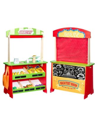 2-in-1 Wooden Puppet Theater and Reversible Grocery Playset