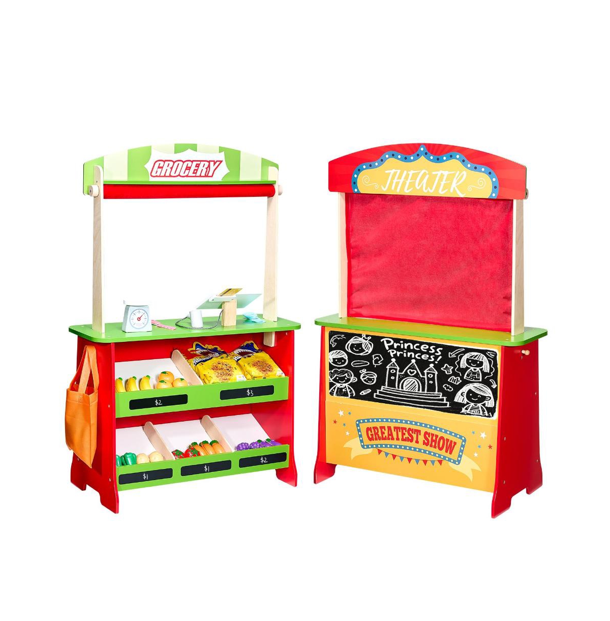 Slickblue 2-in-1 Wooden Puppet Theater and Reversible Grocery Playset - Red