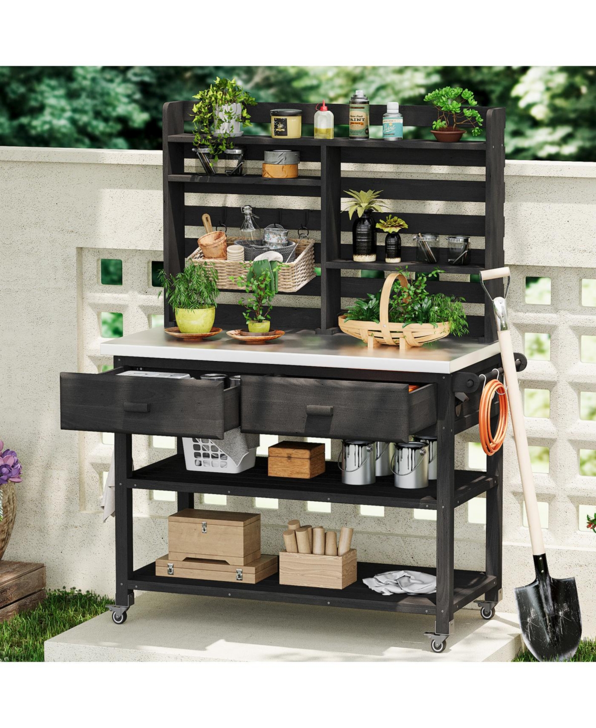 Streamdale Outdoor Potting Bench with Wheels, Hutch, Stainless Steel Top, Black
