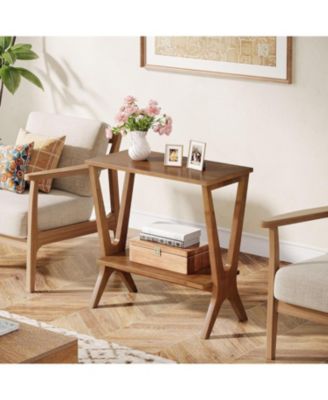 Solid Wood End Table for Living Room, 2-Tier Storage Shelves Sofa Couch Side Table with Sturdy Legs
