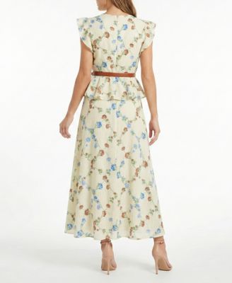 Women's Belted V-Neck Peplum Dress