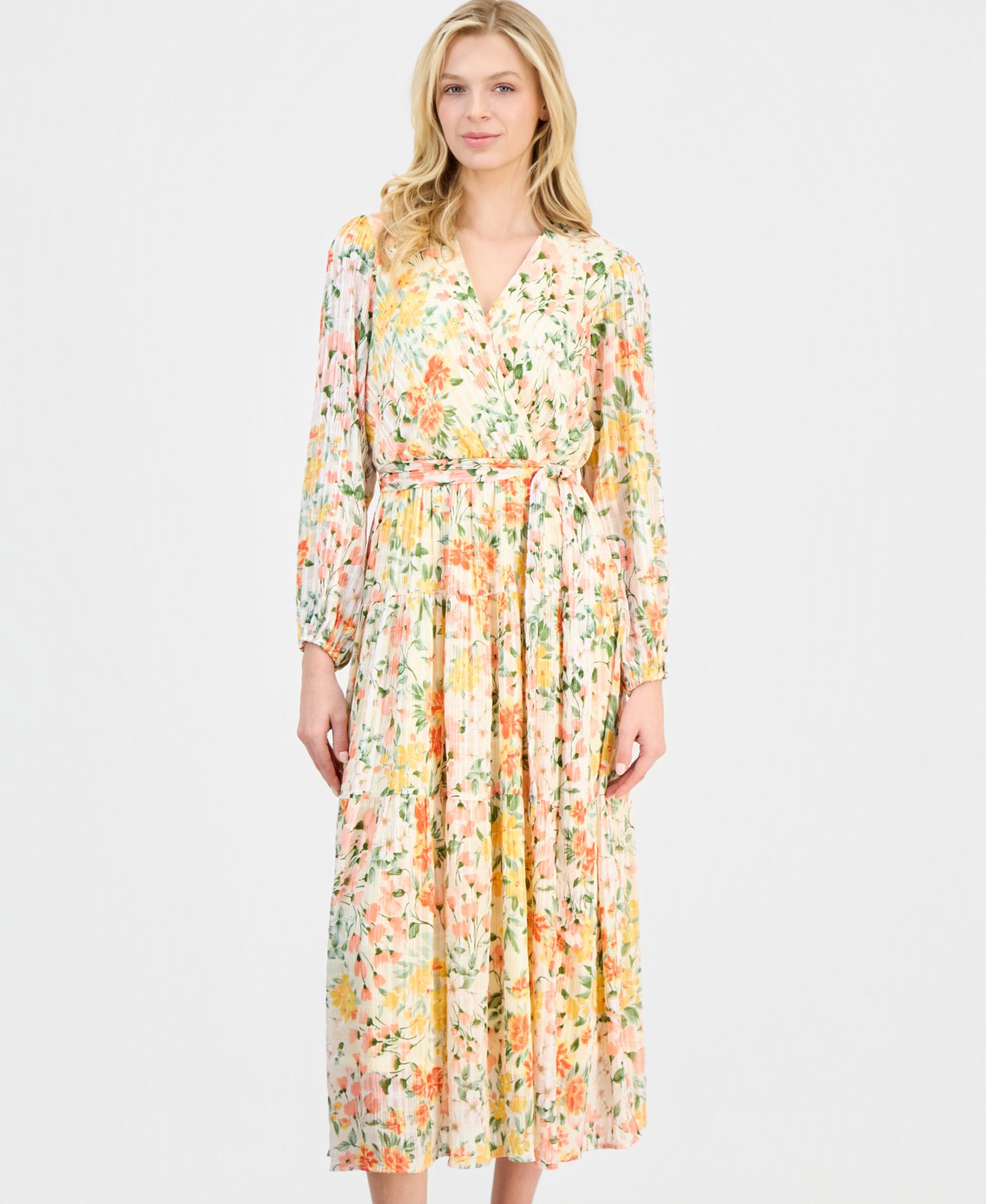Женское платье Robbie Bee Pleated Tiered, цвет: Жёлтый / Коралловый — фото 3