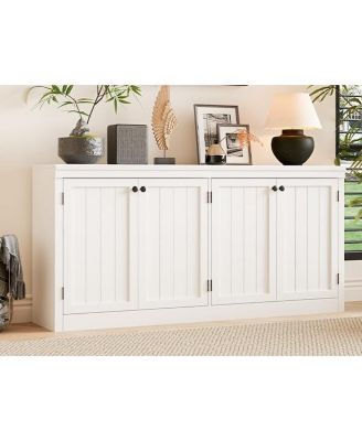 63" Buffet Sideboard Cabinet with 4 Striped Doors, Modern Coffee Bar Storage Cabinet, White