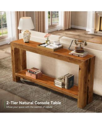 63-Inch Solid Wood Entryway Console Table, Farmhouse Narrow Couch Table Behind Sofa with 2-Tier Storage for Hallway, Living Room, Foyer