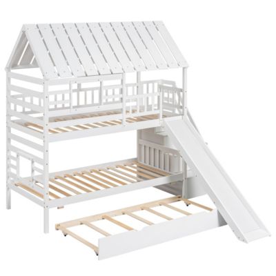 Twin over Twin Bunk Bed with Trundle, Slide, Stairs, Roof, Window, White
