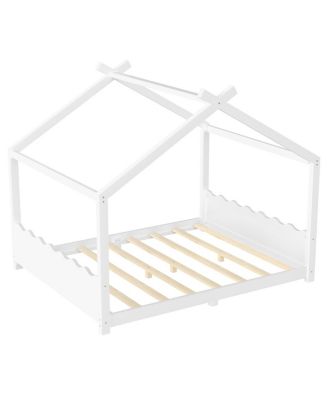 Queen House Floor Bed with Slats, Solid Wood Frame for Kids
