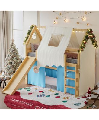 Twin Size House Loft Bed with Sills, Tents, Slide, Lights