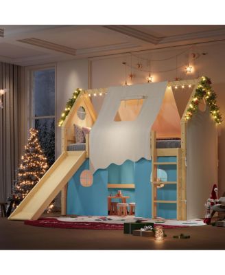Twin Size House Loft Bed with Sills, Tents, Slide, Lights