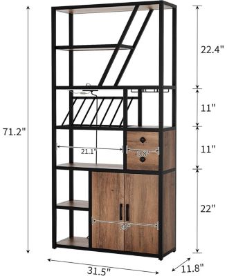 Tall Bar Cabinet with LED Lights, Storage & Power Outlets