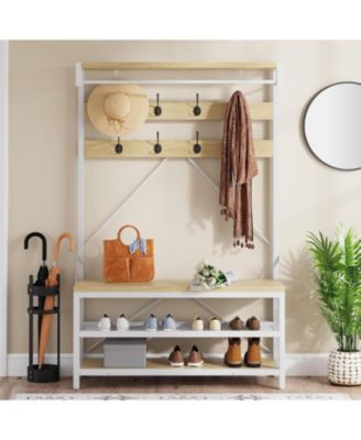 Coat Rack Shoe Bench Industrial Hall Tree Storage Bench for Entryway, Wood Look Accent Large Shoe Rack with Storage Shelf Hanging Bar,Brown