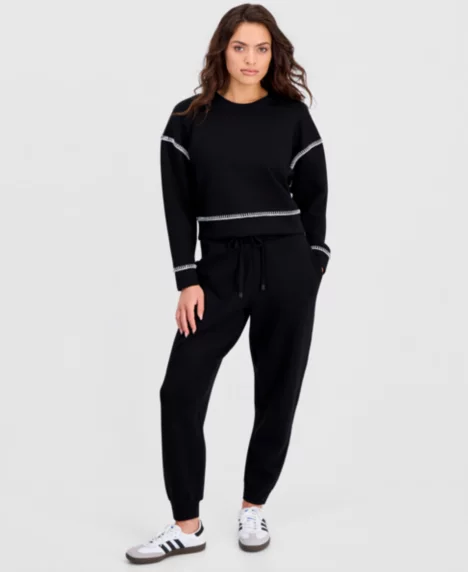 Petite Whipstitch Scuba Crewneck Top - Black