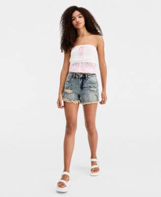 Juniors' High Rise Destructed Denim Shorts
