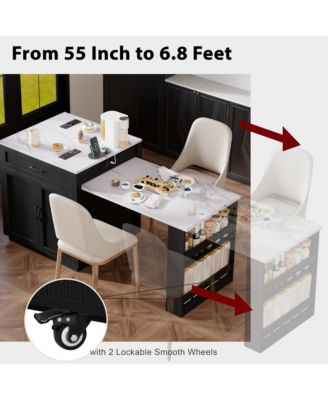 82.7 inch Kitchen Island with Extendable Dining Table, Two-tone Kitchen island with Storage 2 Drawers 2 Side Open Shelves, Power Outlet.