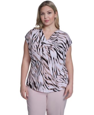 Plus Size Printed Cap Sleeve Cowl Neck Top