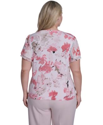 Plus Size Printed V-Neck Short-Sleeve Top