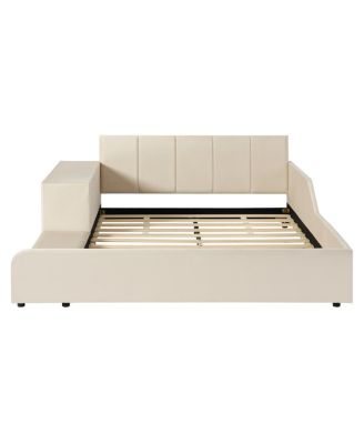  Full Size Upholstered Grounded Bed with Bedside Desk & Stool, Beige