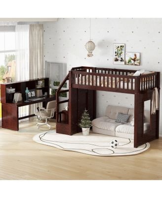 Twin Loft Bed with Desk, Storage Shelf & Stairs, Espresso