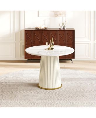 Modern 35.43" Round Dining Table, Glossy Sintered Stone Top, PU Leather Pedestal