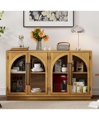 4-Door Large Storage Sideboard Buffet Cabinet with Glass Doors (Natural Wood