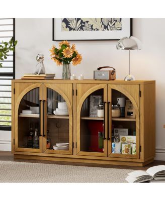 4-Door Large Storage Sideboard Buffet Cabinet with Glass Doors (Natural Wood