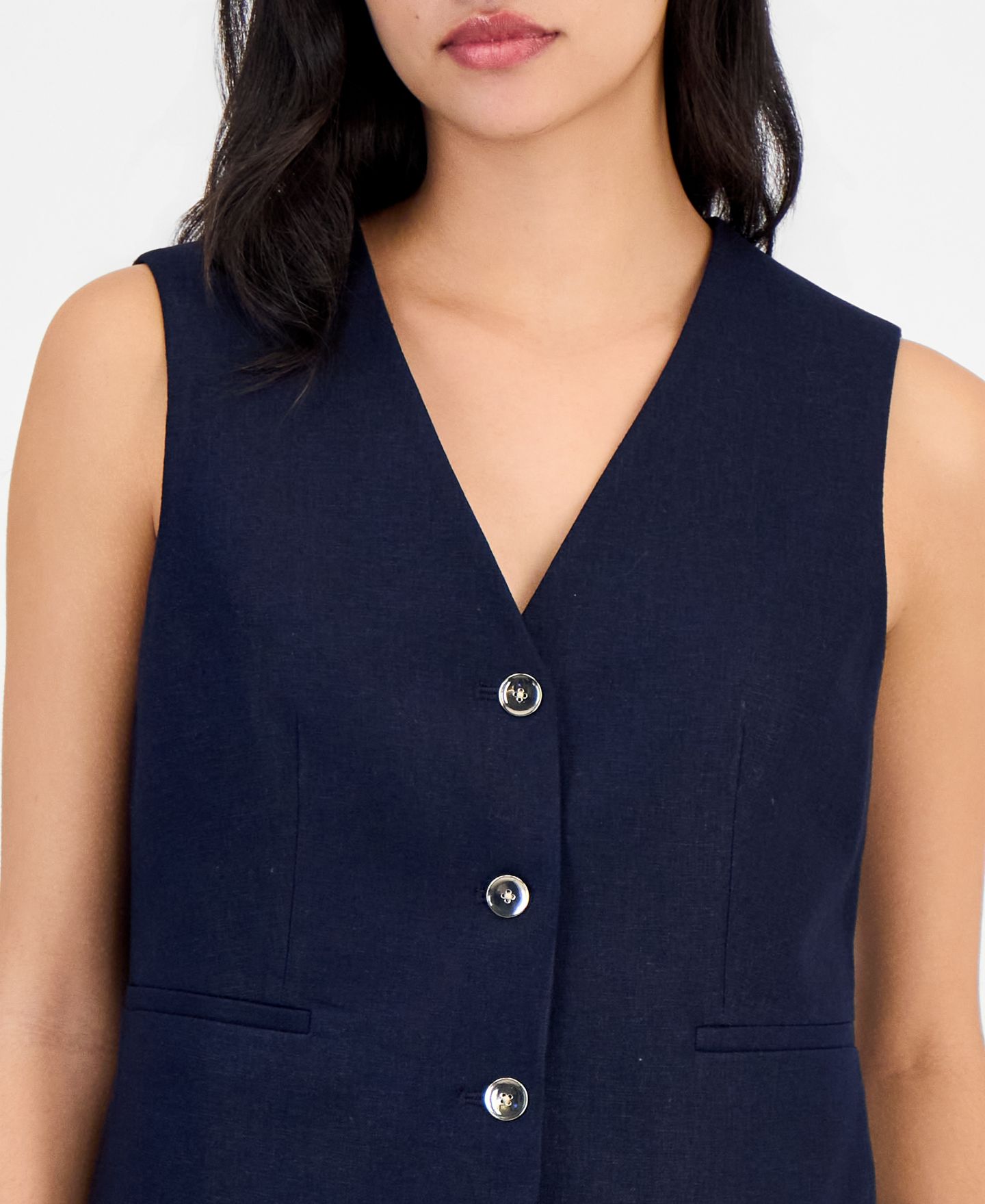 Женский жилет Bar III Linen-Blend Button-Front Vest, цвет: Тёмно-синий — фото 2